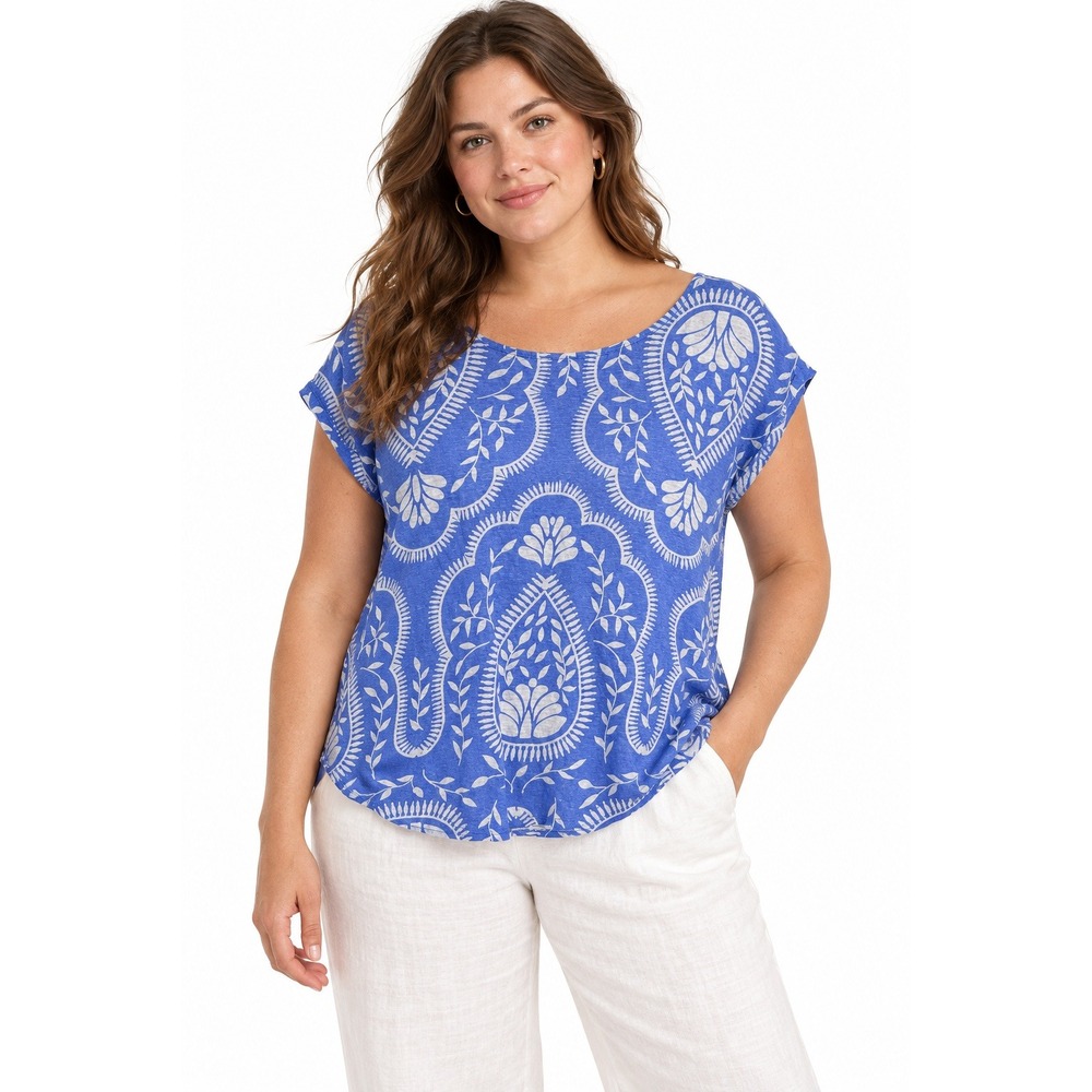 Joie Linen Paisley Print Cap Sleeve Tee Large Blue White Coastal Boho Top